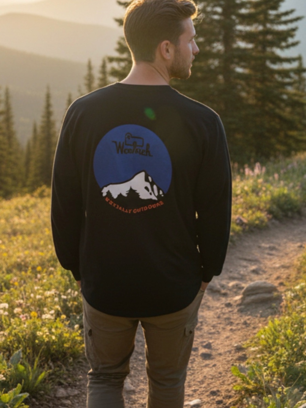 Woolrich Black Long-Sleeve Shirt with Blue Mountain Graphic